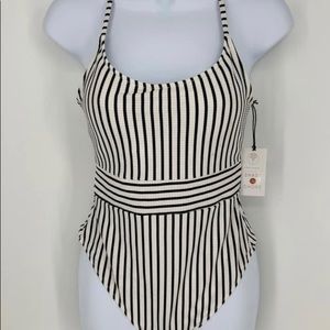 New Shade & Shore Swim Suit One Piece Slimming Stripes High Waist Lined Strappy